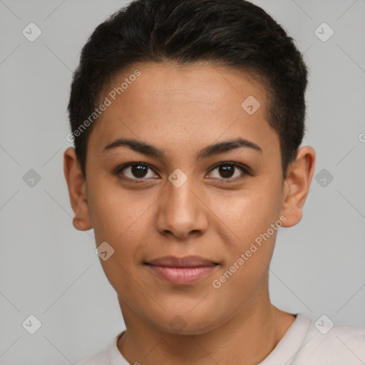 Joyful latino young-adult female with short  brown hair and brown eyes