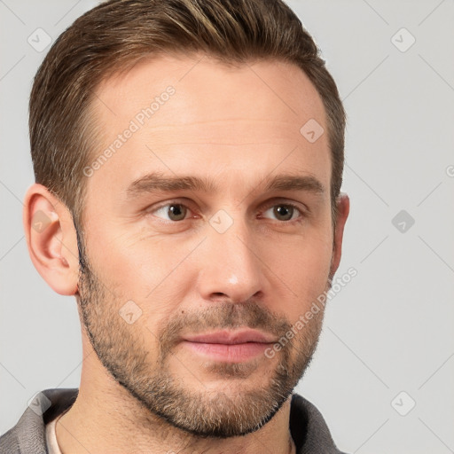 Neutral white young-adult male with short  brown hair and grey eyes