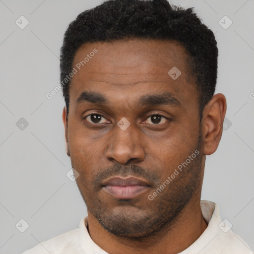 Neutral black young-adult male with short  black hair and brown eyes