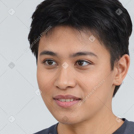 Joyful asian young-adult female with short  brown hair and brown eyes