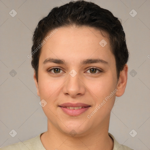 Joyful white young-adult female with short  brown hair and brown eyes