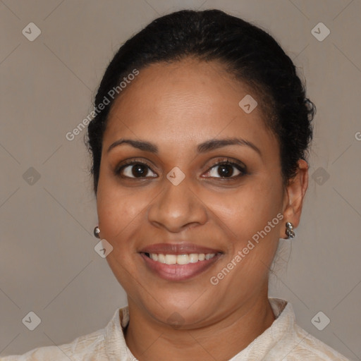 Joyful latino young-adult female with short  brown hair and brown eyes