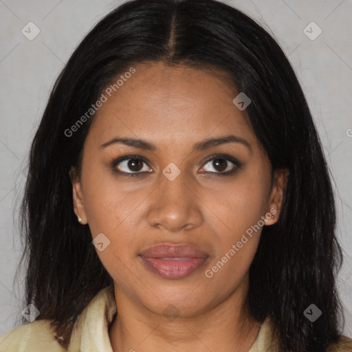 Joyful black young-adult female with medium  black hair and brown eyes