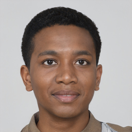 Neutral black young-adult male with short  black hair and brown eyes