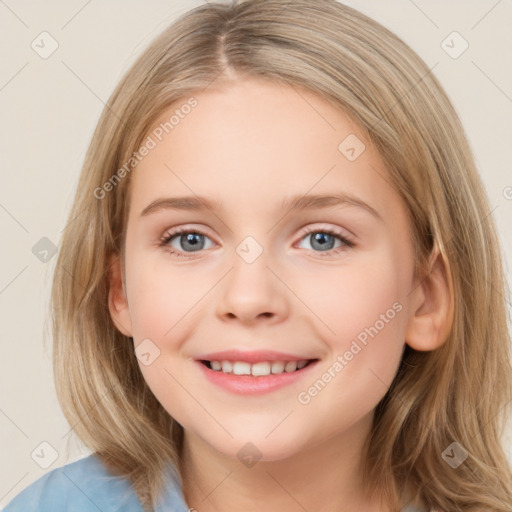 Joyful white child female with medium  brown hair and blue eyes