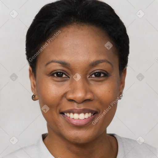 Joyful black young-adult female with short  black hair and brown eyes