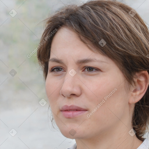 Neutral white young-adult female with medium  brown hair and brown eyes