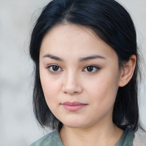 Neutral asian young-adult female with medium  brown hair and brown eyes