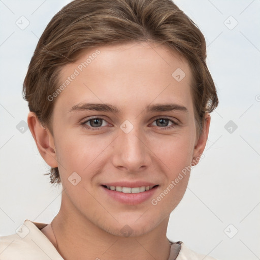 Joyful white young-adult female with short  brown hair and grey eyes