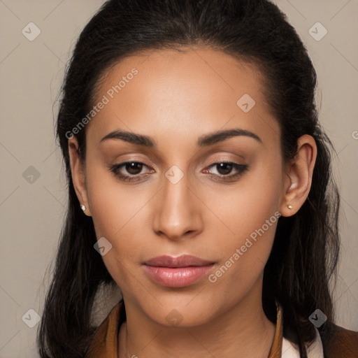 Neutral latino young-adult female with long  brown hair and brown eyes