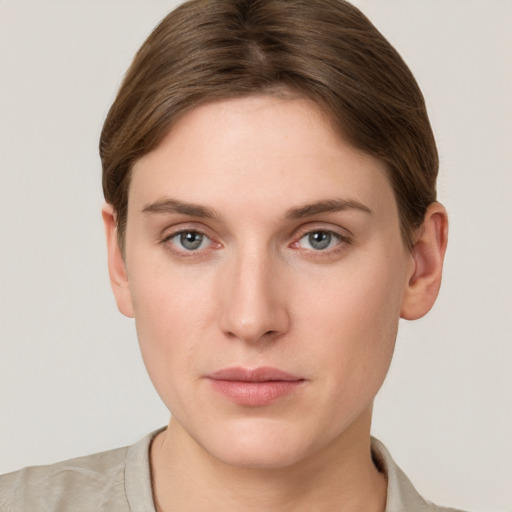 Neutral white young-adult female with short  brown hair and grey eyes