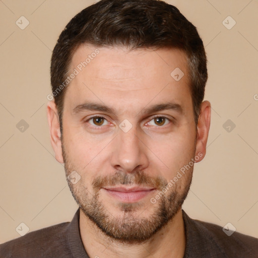 Neutral white adult male with short  brown hair and brown eyes