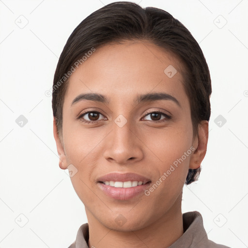 Joyful white young-adult female with short  brown hair and brown eyes