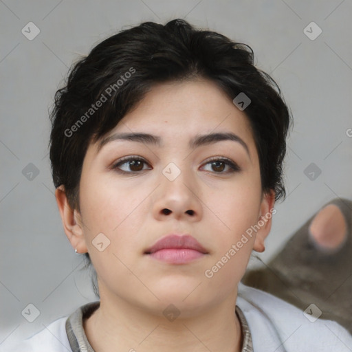 Neutral asian young-adult female with short  brown hair and brown eyes
