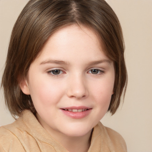 Joyful white child female with medium  brown hair and brown eyes