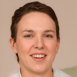 Joyful white adult female with short  brown hair and grey eyes