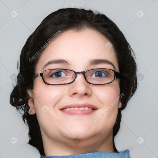 Joyful white young-adult female with medium  brown hair and blue eyes