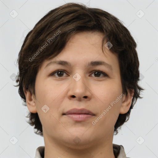 Joyful white young-adult female with medium  brown hair and brown eyes