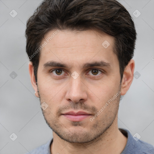 Neutral white young-adult male with short  brown hair and brown eyes