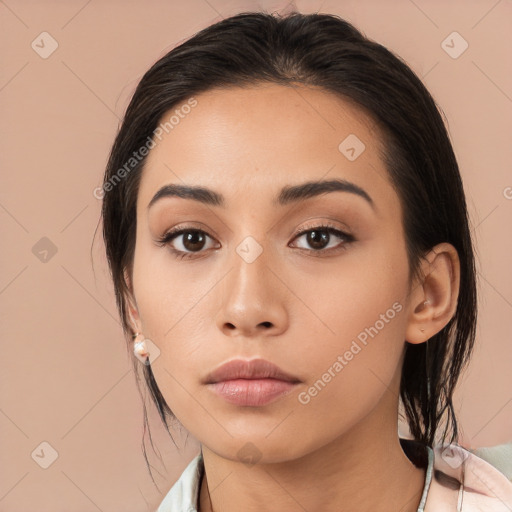 Neutral asian young-adult female with medium  brown hair and brown eyes