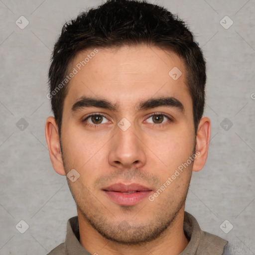 Neutral white young-adult male with short  brown hair and brown eyes