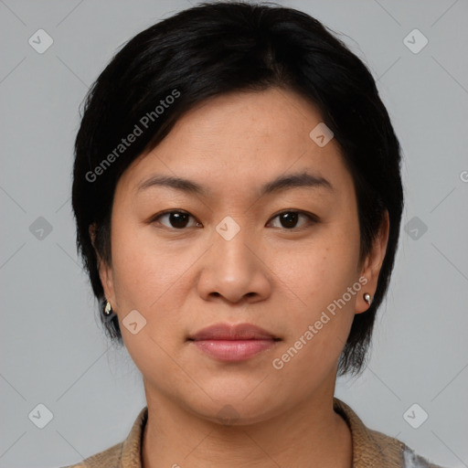 Neutral asian young-adult female with medium  black hair and brown eyes