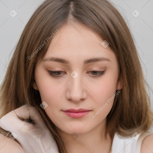 Neutral white young-adult female with medium  brown hair and brown eyes