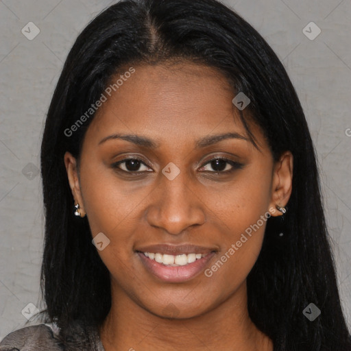 Joyful asian young-adult female with medium  black hair and brown eyes