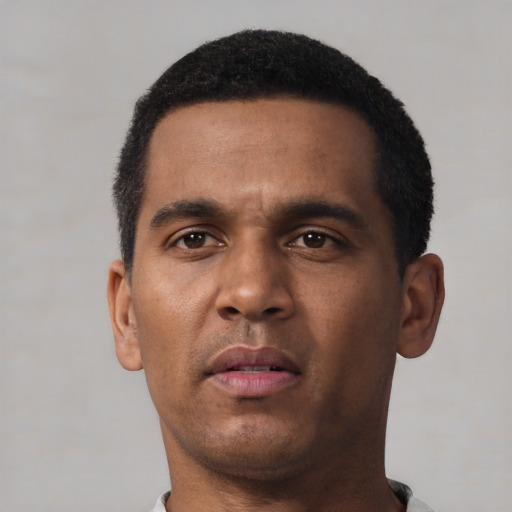 Neutral black young-adult male with short  black hair and brown eyes