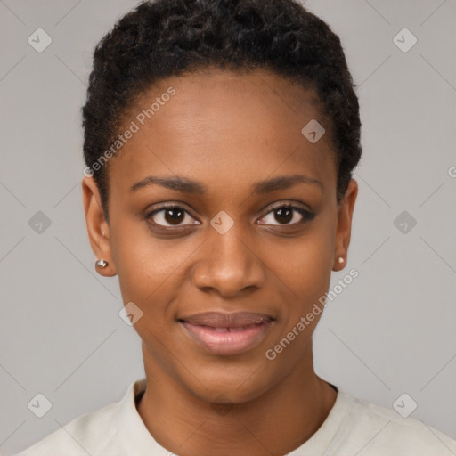 Joyful black young-adult female with short  black hair and brown eyes