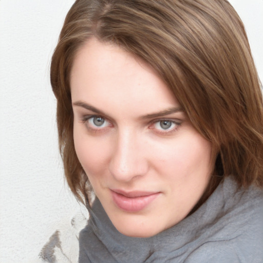 Joyful white young-adult female with medium  brown hair and blue eyes