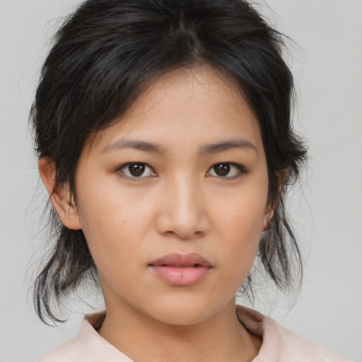 Neutral asian young-adult female with medium  brown hair and brown eyes