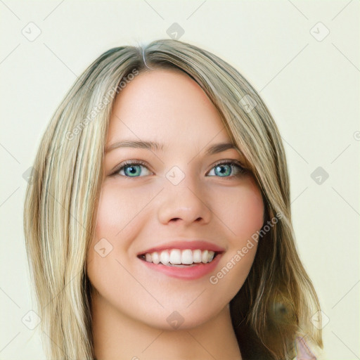 Joyful white young-adult female with long  brown hair and green eyes