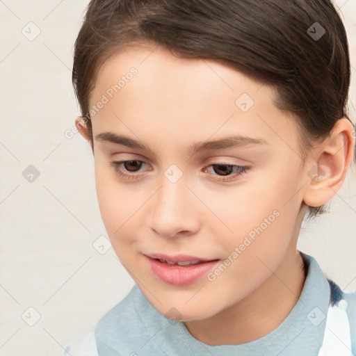 Joyful white child female with short  brown hair and brown eyes