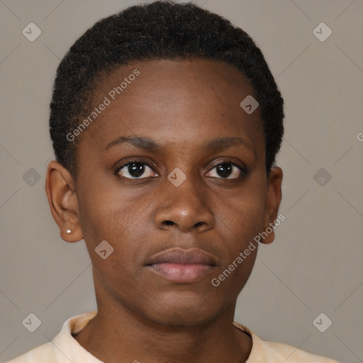 Neutral black young-adult female with short  brown hair and brown eyes