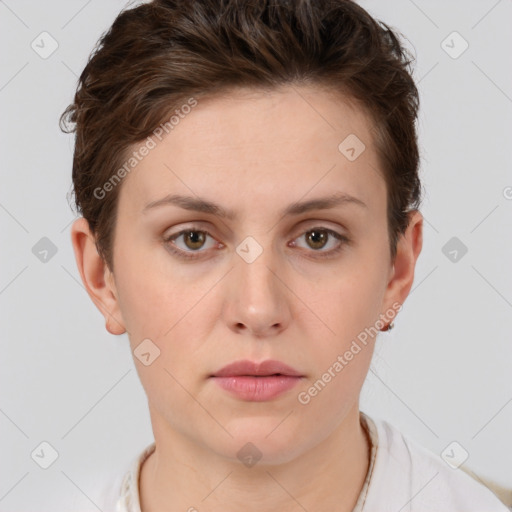 Neutral white young-adult female with short  brown hair and brown eyes