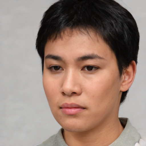 Neutral asian young-adult female with short  brown hair and brown eyes