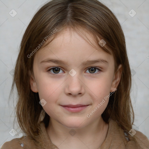 Joyful white child female with medium  brown hair and grey eyes