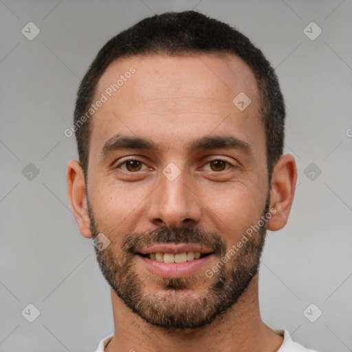 Joyful white young-adult male with short  brown hair and brown eyes