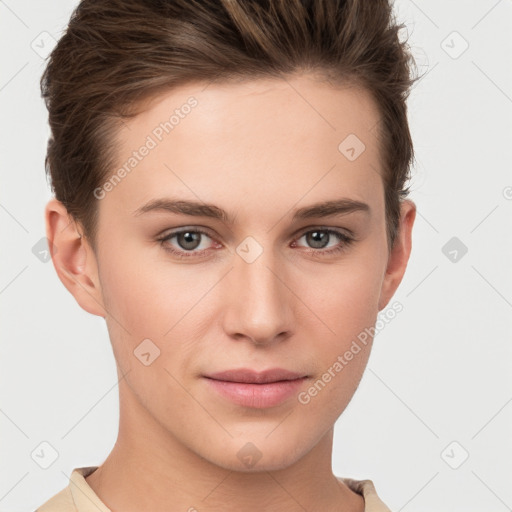 Joyful white young-adult female with short  brown hair and grey eyes