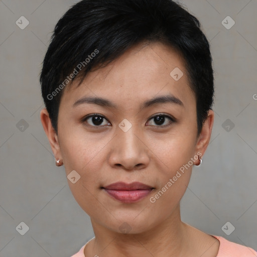 Joyful asian young-adult female with short  black hair and brown eyes