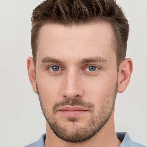 Neutral white young-adult male with short  brown hair and grey eyes