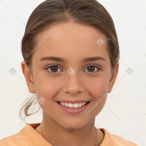 Joyful white child female with medium  brown hair and brown eyes