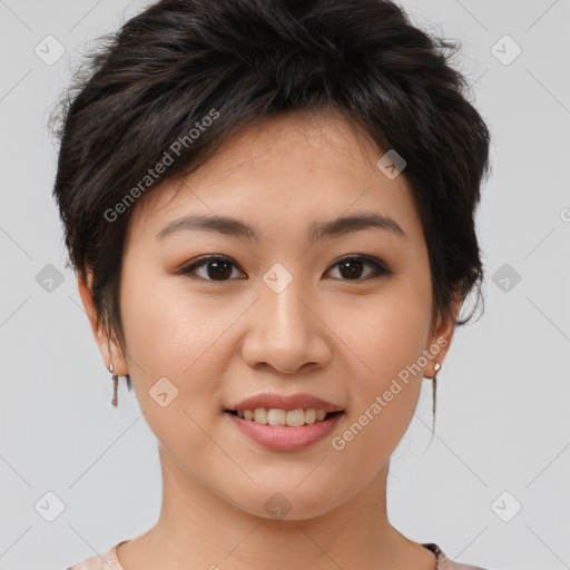 Joyful asian young-adult female with short  brown hair and brown eyes