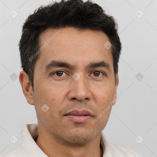 Neutral asian adult male with short  brown hair and brown eyes