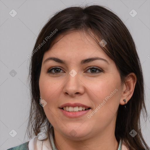 Joyful white young-adult female with medium  brown hair and brown eyes