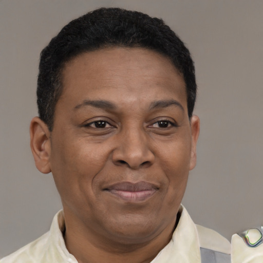 Joyful latino adult male with short  brown hair and brown eyes
