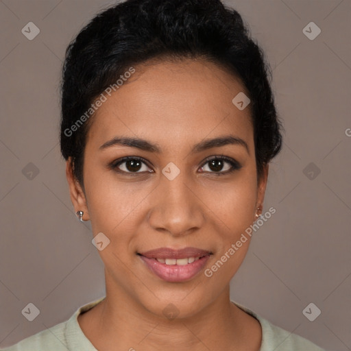 Joyful latino young-adult female with short  brown hair and brown eyes