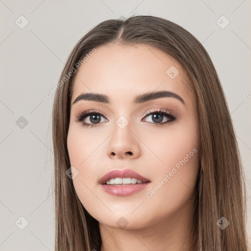 Neutral white young-adult female with long  brown hair and brown eyes