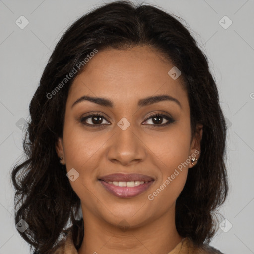 Joyful latino young-adult female with long  brown hair and brown eyes